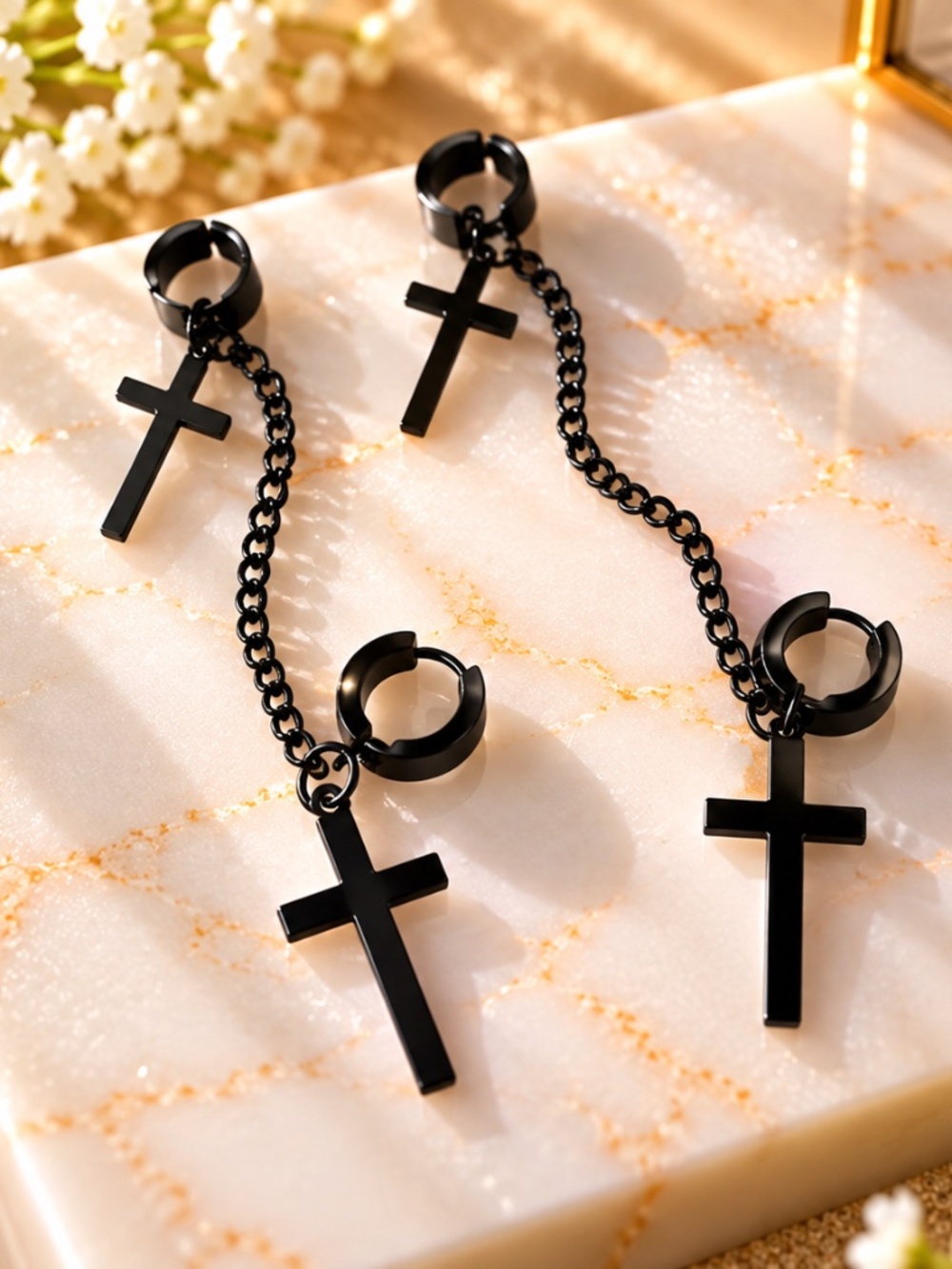 Black Stainless Steel Cross Chain Drop Earrings